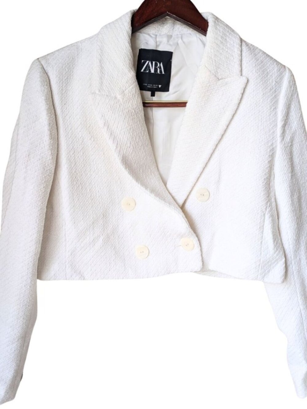 Zara Women's White Tweed Cropped Blazer - Size XL